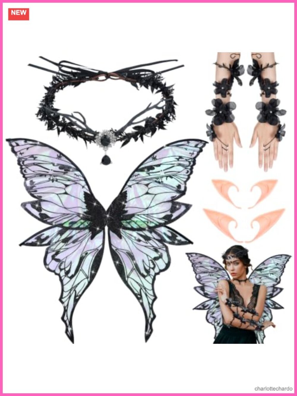 Gothic Fairy Costume Set Wings Ears Headband Armband Halloween Renaissance
